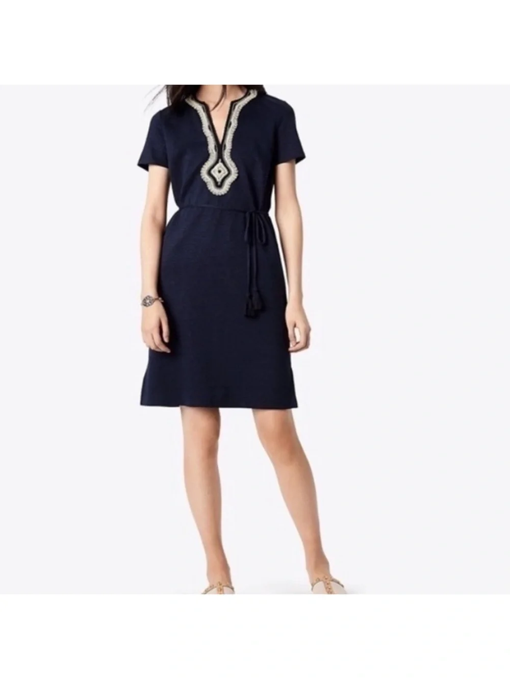 Tory Burch Liliana Linen Dress Tie Waist Blue Medium